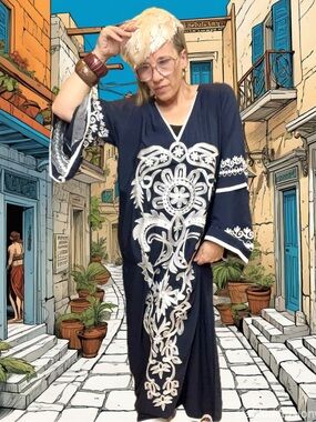 New! The “Cobblestones” Cotton Embroidered Mack Dress With Flare Sleeves in Navy